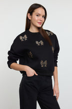 Siyah Regular/Normal Kalıp İçi Polarlı Leopar Detaylı Kurdele Nakışlı Örme Sweatshirt TWOAW25SW00307