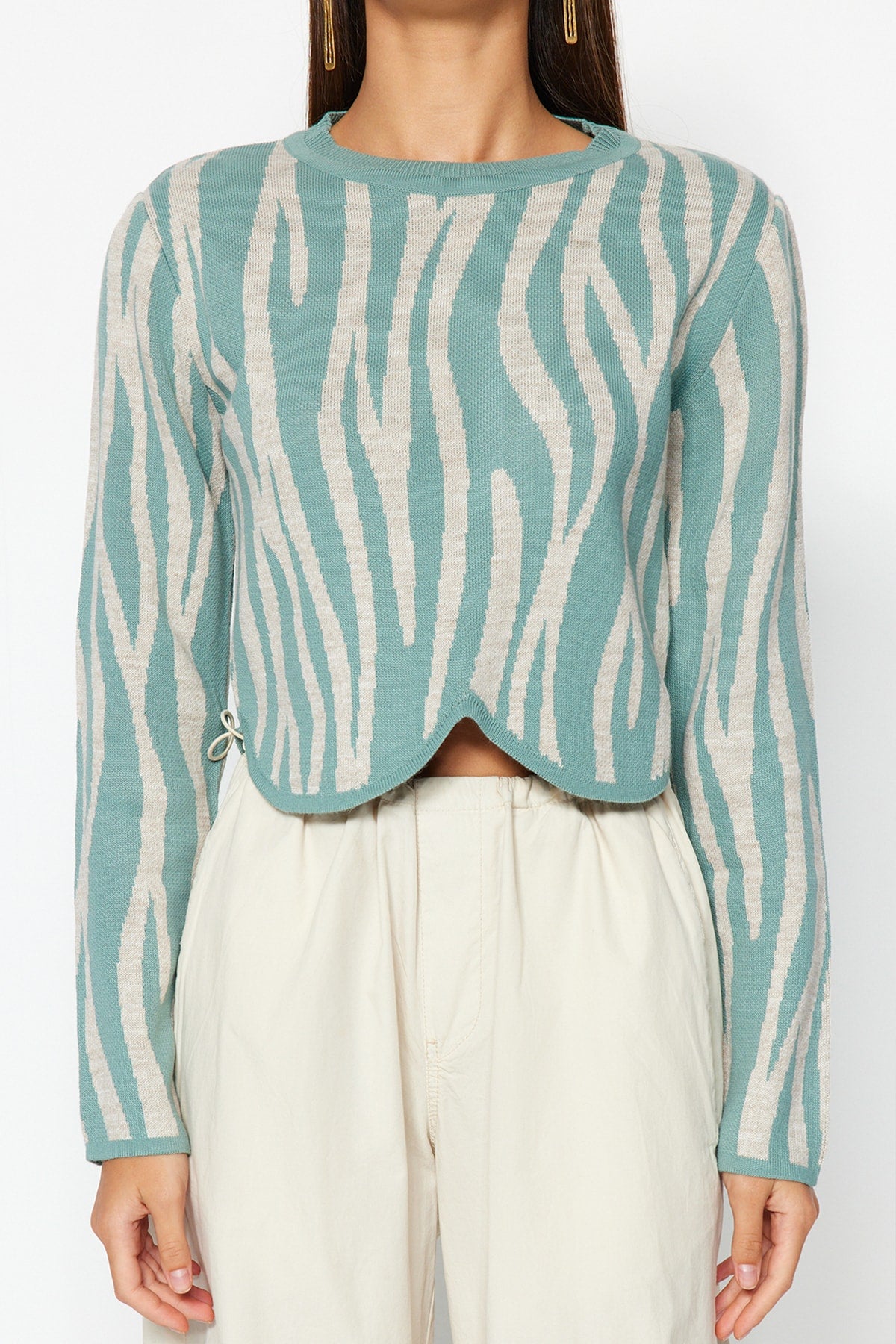 Mint Crop Zebra Desenli Renk Bloklu Triko Kazak TWOAW24KZ00694