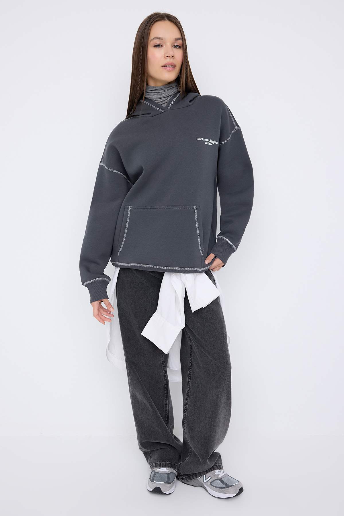 Teen Antrasit Baskılı Yıkamalı Overszie/Geniş Kalıp Kapüşonlu Örme Sweatshirt TWOAW26SW00173 Secondary image