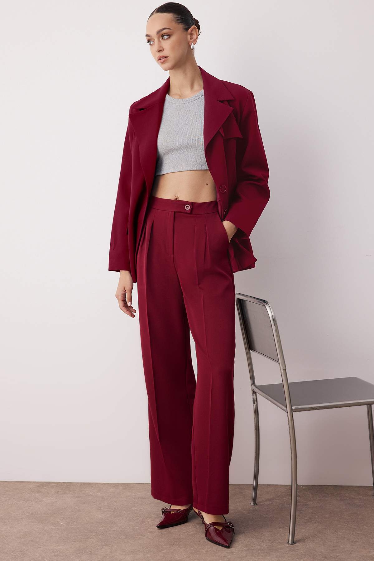 Trendyolmilla Ekru Wide Leg/Geniş Paça Yüksek Bel Dokuma Kumaş Pantolon TWOAW22PL0066