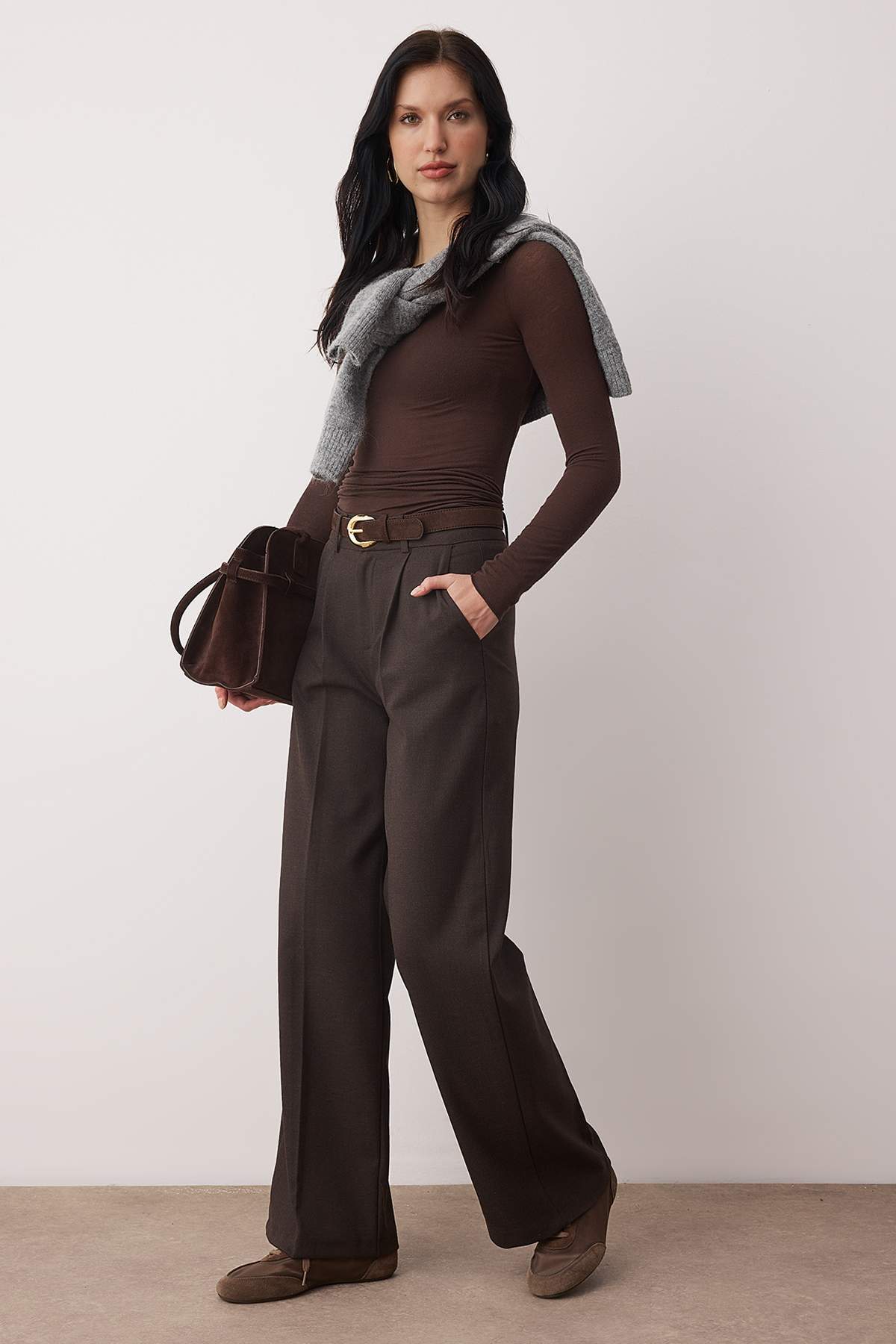 Trendyolmilla Kahvereng Kalın Tuşeli/Kışlık Wideleg Geniş Paça Dokuma Pantolon TWOAW26PL00160 Secondary image