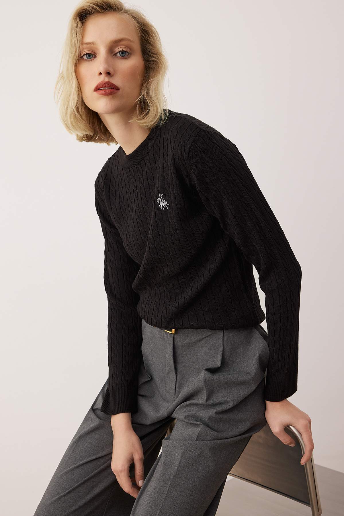 Trendyolmilla Siyah At Nakışlı Saç Örgü İnce Triko Kazak TWOAW26KZ00122 Secondary image