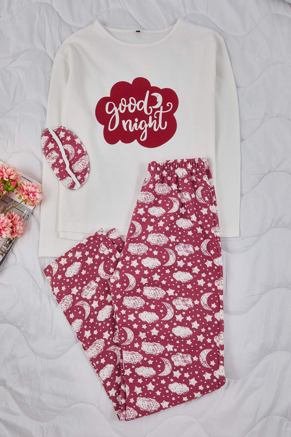 Trendyolmilla Kırmızı Pamuklu Kalpli Slogan Baskılı Uyku Bantlı Örme Pijama Takımı THMAW25PT00223
