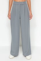 Trendyolmilla Yunus Gri Cırt Cırt Kapamalı Yüksek Bel Pileli Wide Leg/Geniş Kesim Örme Pantolon TWOAW24PL00177