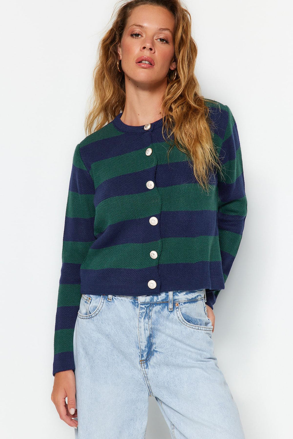 Trendyolmilla Indigo Çizgili Basic Ceket Görünümlü Triko Hırka TWOAW24HI00091