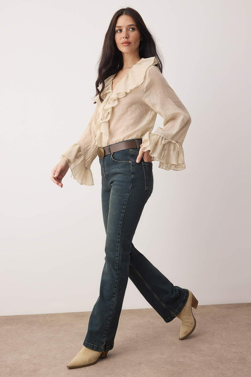 Mavi-Yeşil Soluk Efektli Yüksek Bel Orta Esnek Flare Jeans TWOSS26JE00022