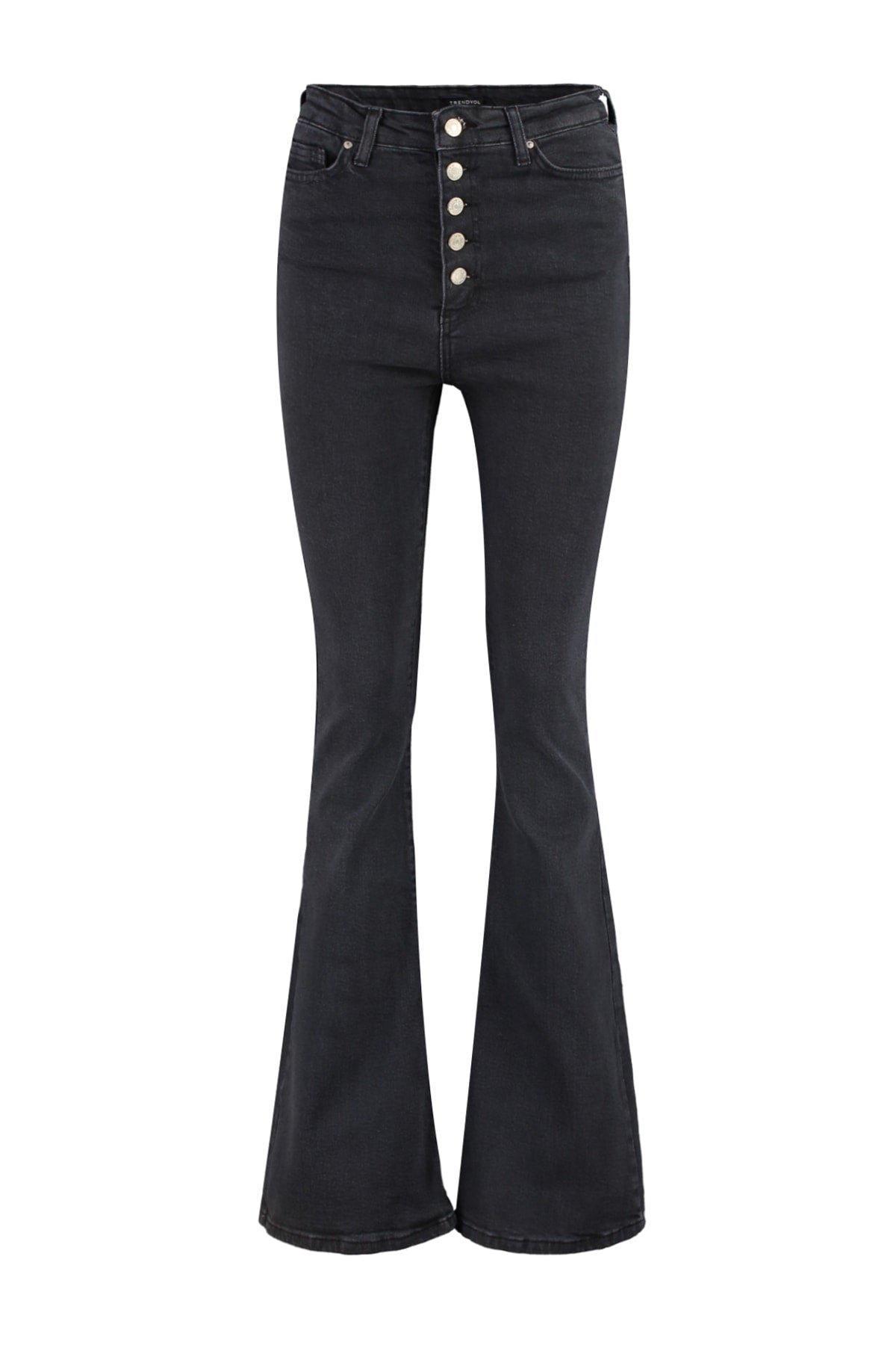 Trendyolmilla Siyah Önden Düğmeli Yüksek Bel Orta Esnek Flare İspanyol Paça Jeans TWOSS20JE0111