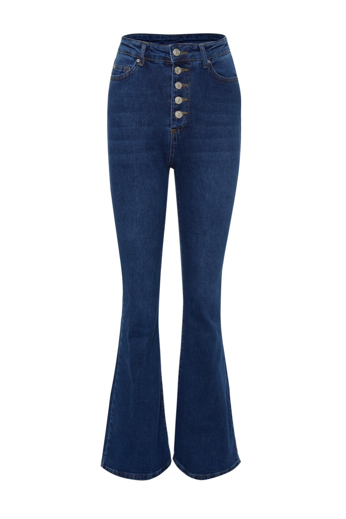 Trendyolmilla Mavi Önden Düğmeli Yüksek Bel Orta Esnek İspanyol Paça Flare Comfort/Esnek Jeans TWOSS20JE0111