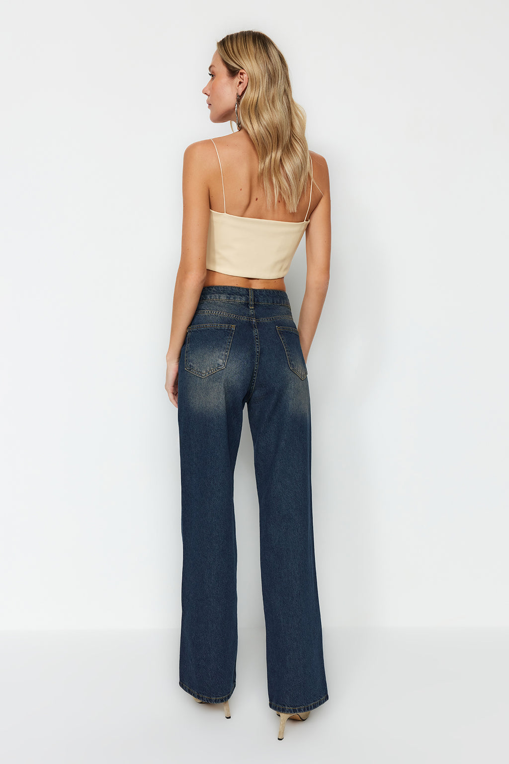Koyu Mavi Yüksek Bel Geniş Paça Wide Leg Jeans %100 Pamuk Non-Stretch TWOAW24JE00313