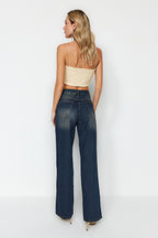 Koyu Mavi Yüksek Bel Geniş Paça Wide Leg Jeans %100 Pamuk Non-Stretch TWOAW24JE00313