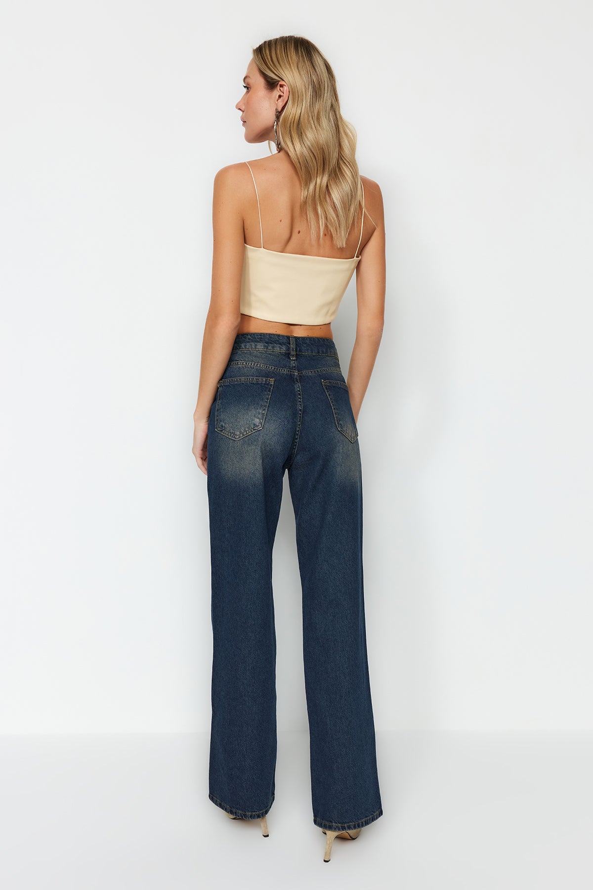 Koyu Mavi Yüksek Bel Geniş Paça Wide Leg Jeans %100 Pamuk Non-Stretch TWOAW24JE00313