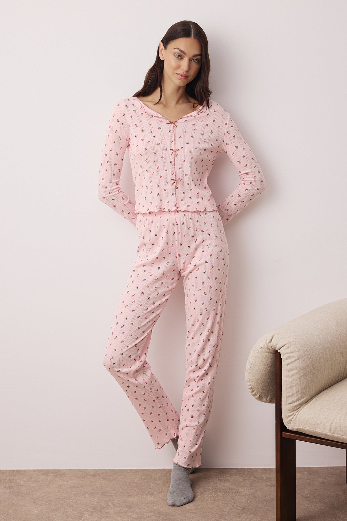 Trendyolmilla Bordo %100 Pamuklu Çiçekli Kurdele/Fiyonklu Fitilli/Pointel Örme Pijama Takımı THMAW26PT00070