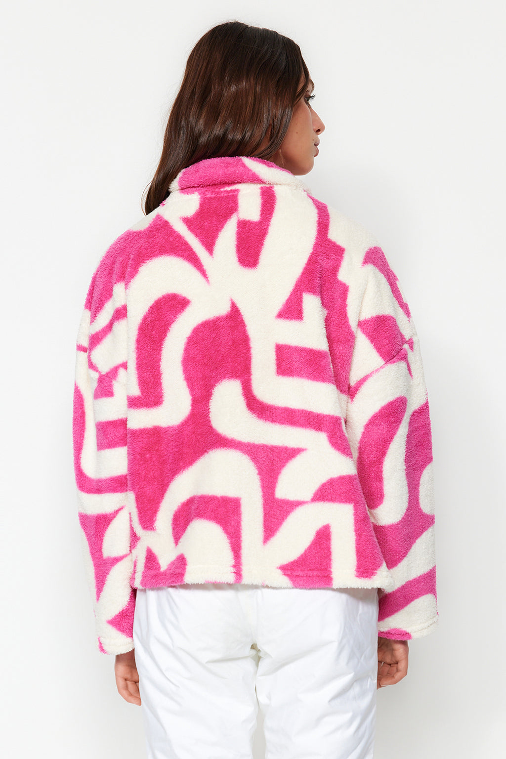 Fuşya Kalın Polar Desenli Fermuarlı Dik Yaka Uzun Kol Örme Sweatshirt TWOAW24SW00045