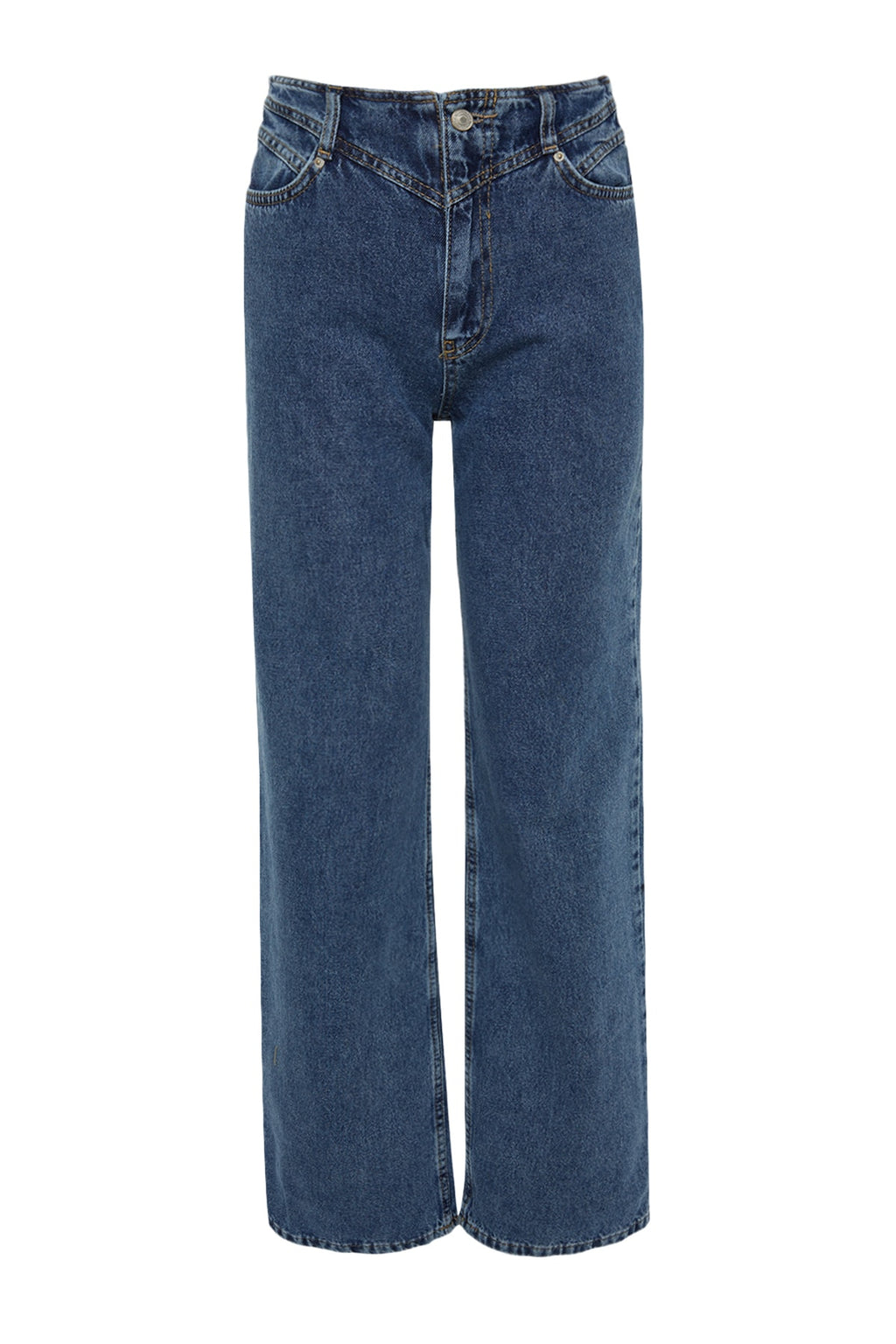 Trendyolmilla Koyu Mavi Bel Detaylı Yüksek Bel Wide Leg Jeans TWOSS21JE0385