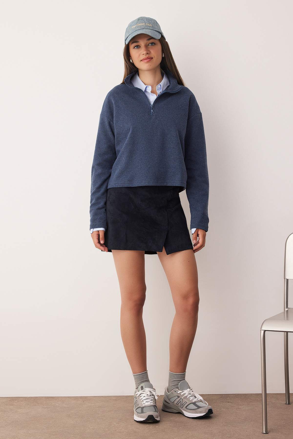 Trendyolmilla Mavi Selanik/Triko Görünümlü Fermuarlı Yaka Regular/Normal Kalıp Örme Sweatshirt TWOAW22SW0732