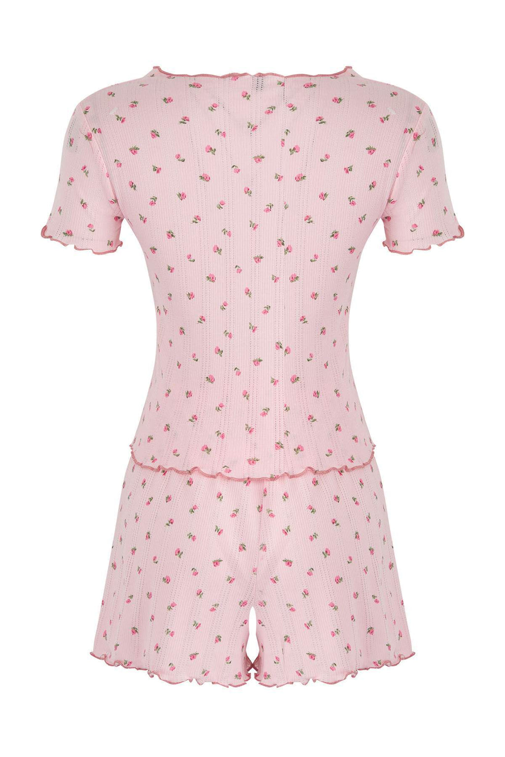 Trendyolmilla Beyaz %100 Pamuklu Çiçekli Kurdele/Fiyonklu Fitilli Şortlu Örme Pijama Takımı THMSS25PT00434