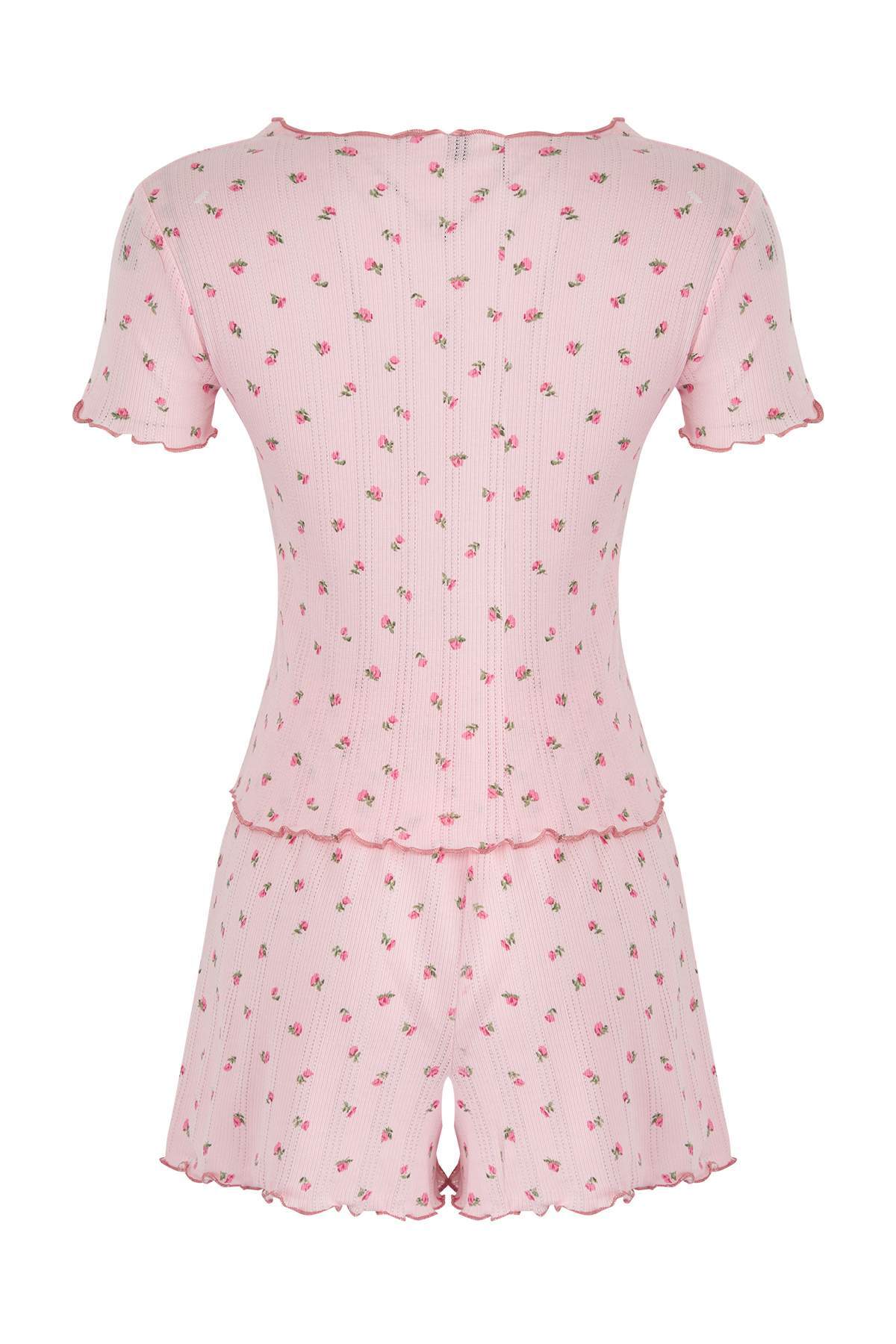 Trendyolmilla Beyaz %100 Pamuklu Çiçekli Kurdele/Fiyonklu Fitilli Şortlu Örme Pijama Takımı THMSS25PT00434