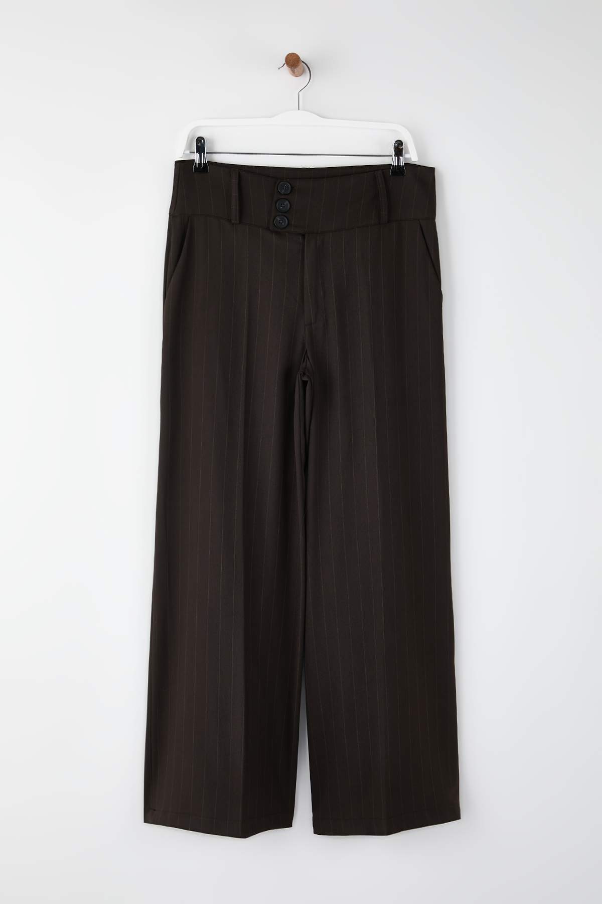 Kahverengi Çizgili Bel Detaylı Extra Geniş Paça Wide Leg Dokuma Pantolon TWOAW26PL00168