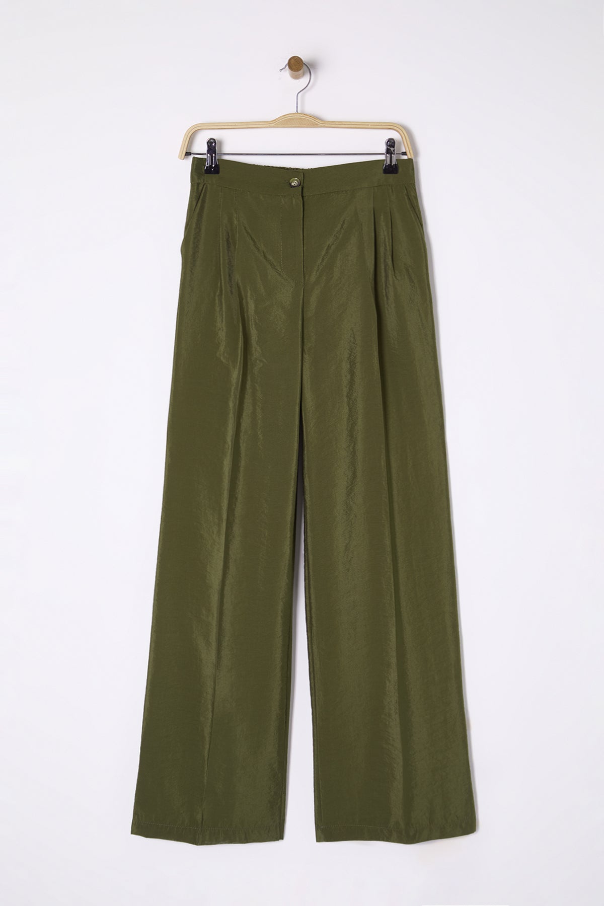 Trendyolmilla Bej Yumuşak Tuşeli Wide Leg/Geniş Paça Dokuma Pantolon TWOSS25PL00004