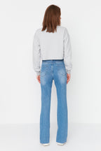 Trendyolmilla Lacivert Yırtmaçlı Yüksek Bel Comfort/Esnek Flare İspanyol Paça Jeans TWOAW22JE0382