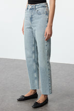 Trendyolmilla Haki Paçası Kesikli Yüksek Bel Straight Jeans TWOAW25JE00307
