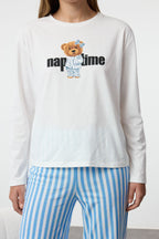 Trendyolmilla Mint %100 Pamuklu Çizgili Ayıcıklı Örme Pijama Takımı THMAW25PT00171