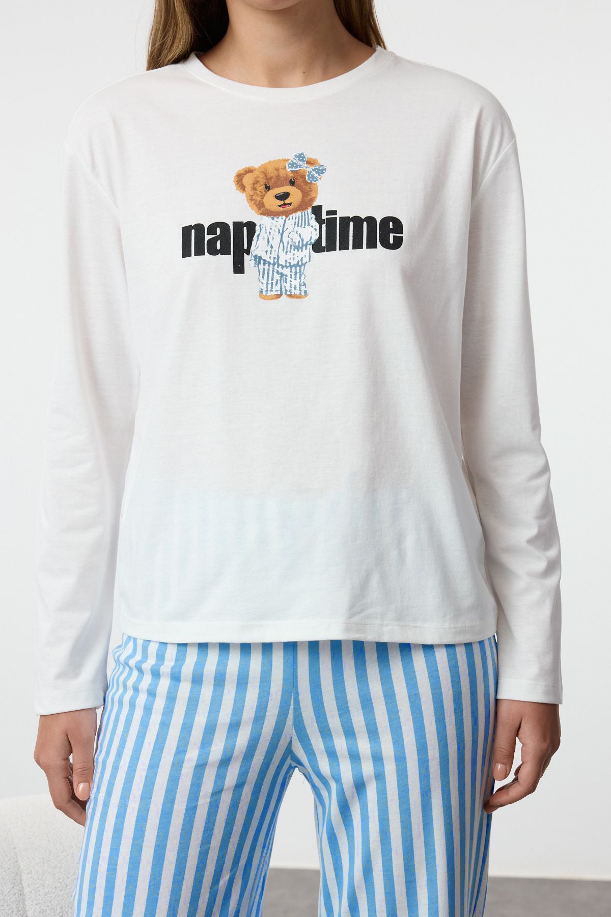 Trendyolmilla Mint %100 Pamuklu Çizgili Ayıcıklı Örme Pijama Takımı THMAW25PT00171