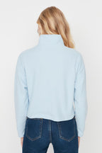 Trendyolmilla Mavi Selanik/Triko Görünümlü Fermuarlı Yaka Regular/Normal Kalıp Örme Sweatshirt TWOAW22SW0732