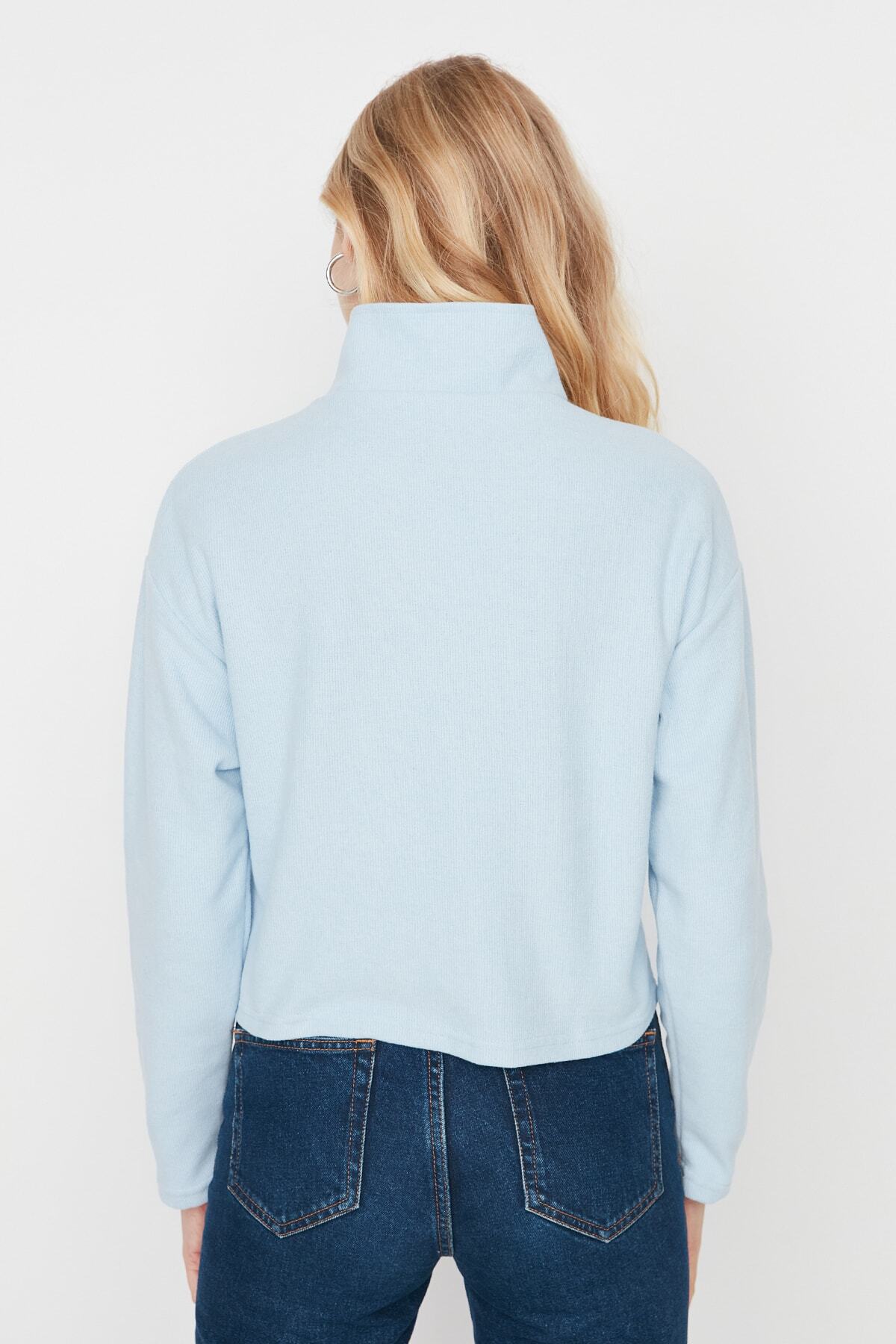 Trendyolmilla Mavi Selanik/Triko Görünümlü Fermuarlı Yaka Regular/Normal Kalıp Örme Sweatshirt TWOAW22SW0732