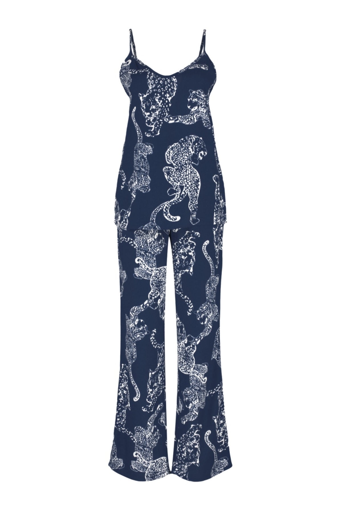 Trendyolmilla Lacivert Kaplan Desenli İp Askılı Viskon Dokuma Pijama Takımı THMSS24PT00127