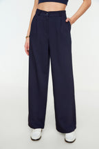 Lacivert Yüksek Bel Wide Leg/Geniş Paça Çizgili Dokuma Pantolon TWOSS22PL0100