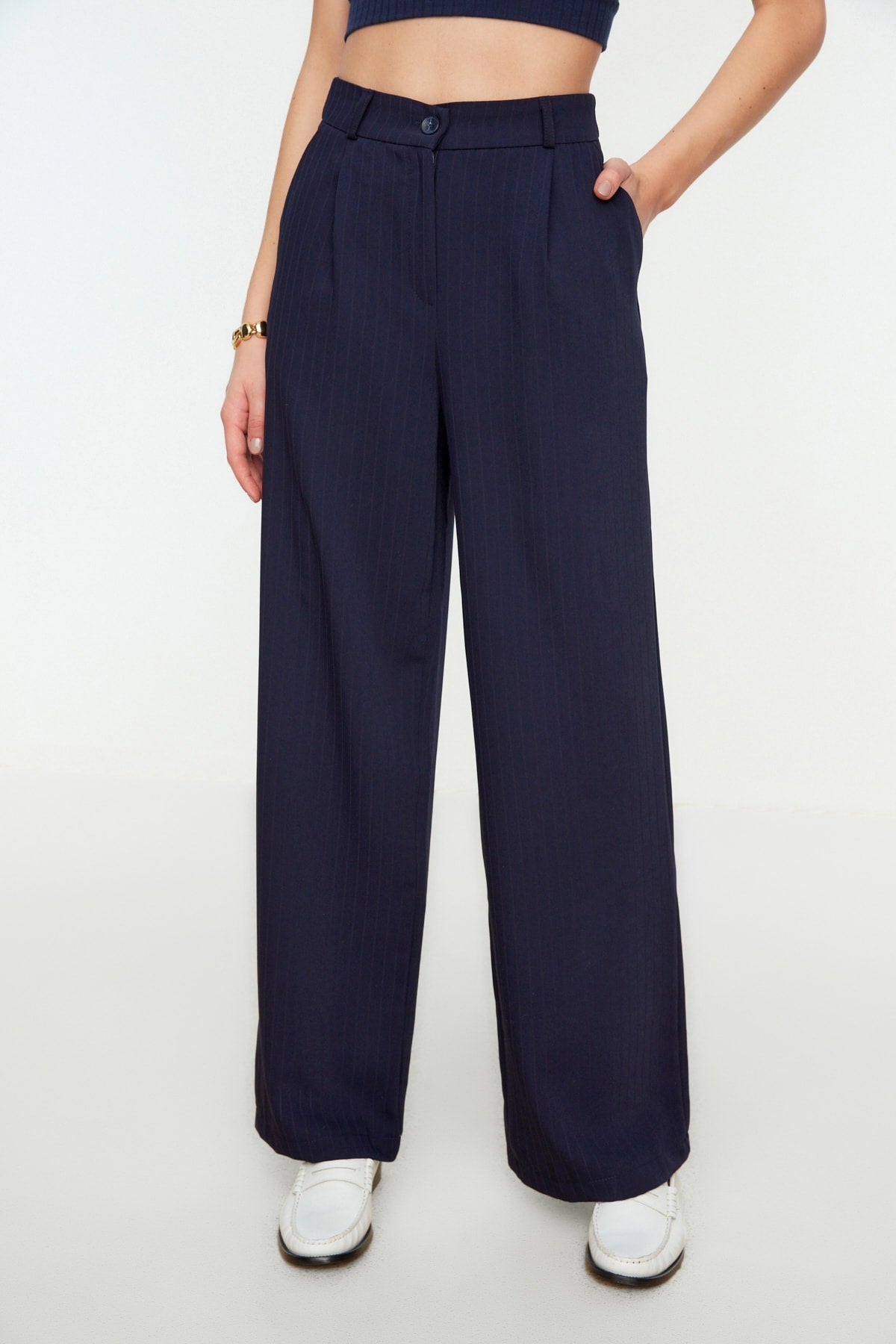 Lacivert Yüksek Bel Wide Leg/Geniş Paça Çizgili Dokuma Pantolon TWOSS22PL0100
