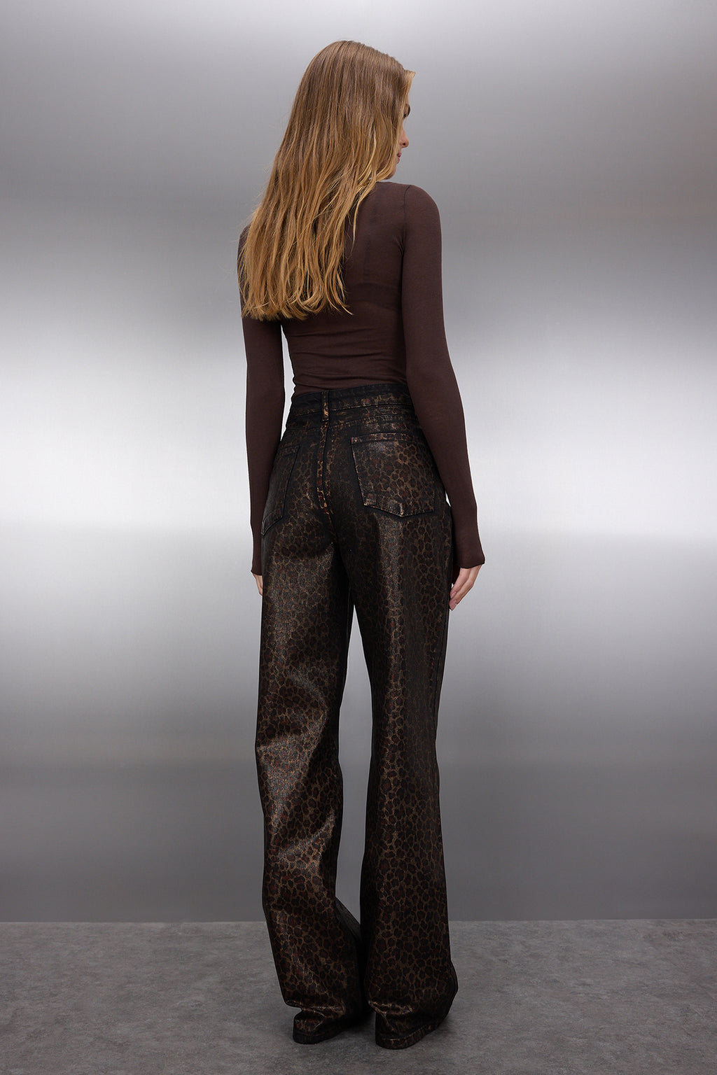 Limited Edition Kahverengi Leopar Varak Baskılı Yüksek Bel Wide Leg Jeans TWOAW25JE00071