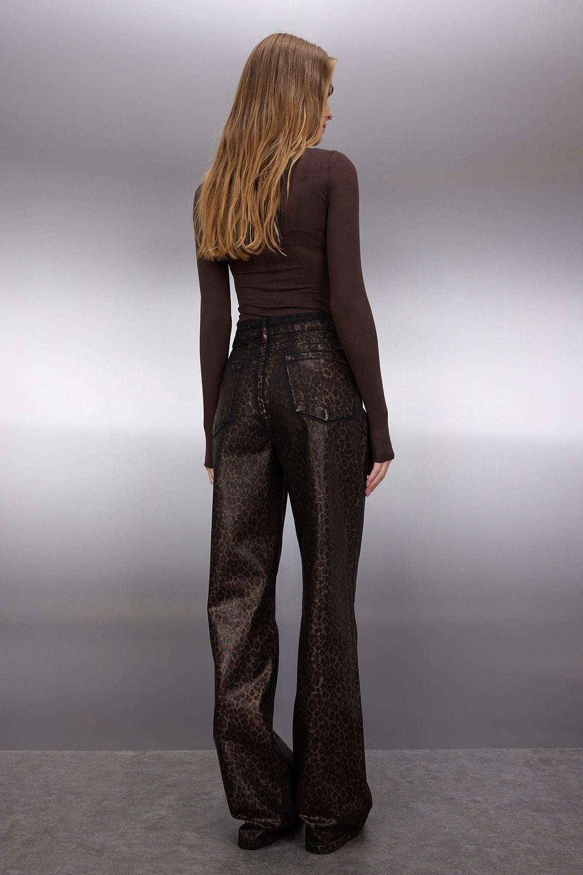 Limited Edition Kahverengi Leopar Varak Baskılı Yüksek Bel Wide Leg Jeans TWOAW25JE00071