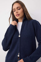 Trendyolmilla Wardrobe Essentials Lacivert Yünlü Fermuarlı Dik Yaka Papatya Elcikli Triko Hırka |TWOAW26HI00090