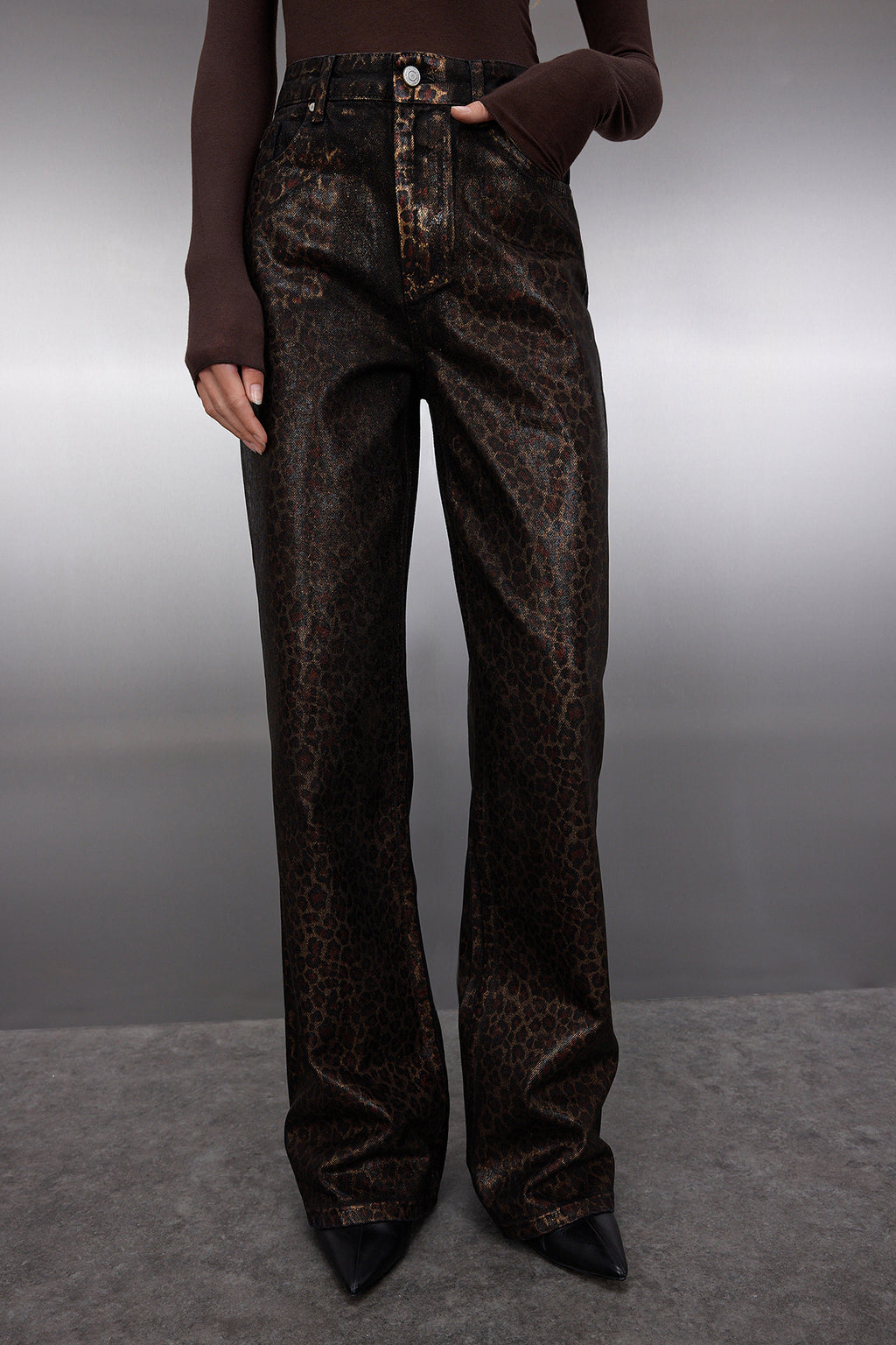 Limited Edition Kahverengi Leopar Varak Baskılı Yüksek Bel Wide Leg Jeans TWOAW25JE00071