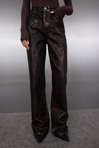 Limited Edition Kahverengi Leopar Varak Baskılı Yüksek Bel Wide Leg Jeans TWOAW25JE00071
