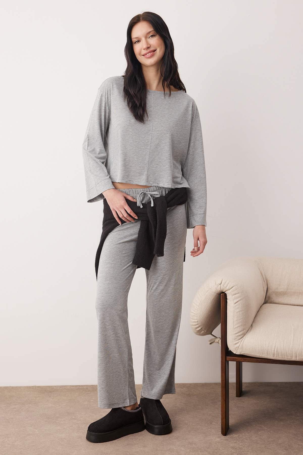 Gri Melanj Pamuklu Örme Pijama Takımı THMAW26PT00227