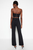 Trendyolmilla Kahverengi Taşlı Yüksek Bel Wide Leg Jeans TWOAW23JE00442