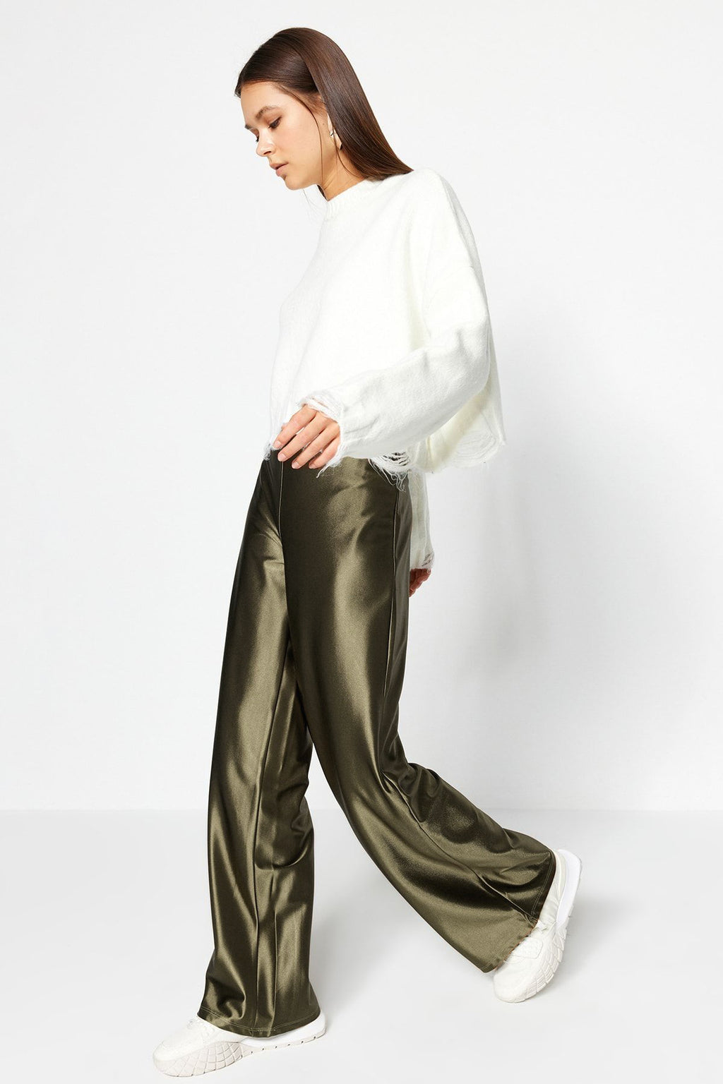 Haki Premium Saten Wideleg/Geniş Paça Örme Pantolon TWOAW24PL00064
