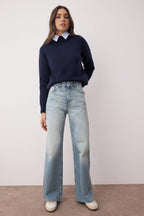 Trendyolmilla Koyu Mavi Paça Kesikli Ekstra Yüksek Bel Geniş Paça Wide Leg Jeans TWOAW26JE00080