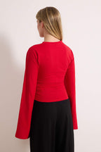 Trendyolmilla Gri İspanyol Kol Büzgü Detaylı Regular/Normal Kalıp Örme Bluz TWOAW26BZ00293