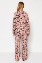 Trendyolmilla Pudra %100 Pamuklu Leopar Desenli Gömlek-Pantolon Örme Pijama Takımı THMAW21PT0489