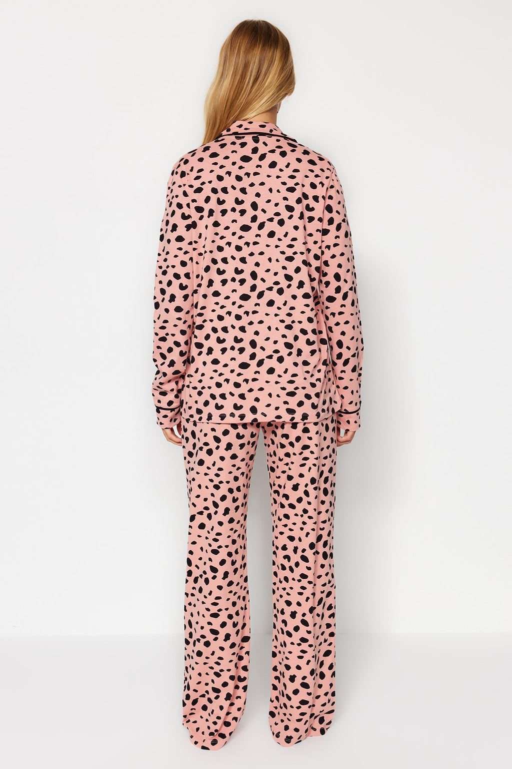 Trendyolmilla Pudra %100 Pamuklu Leopar Desenli Gömlek-Pantolon Örme Pijama Takımı THMAW21PT0489