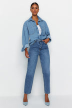 Trendyolmilla Mavi Yüksek Bel Mom %100 Pamuk Non-Stretch Jeans TWOAW24JE00076