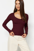 Trendyolmilla Bordo-Taş 2'li Paket V Yaka Fitted/Vücuda Oturan Pamuklu Esnek Örme Bluz TWOAW24BZ00068