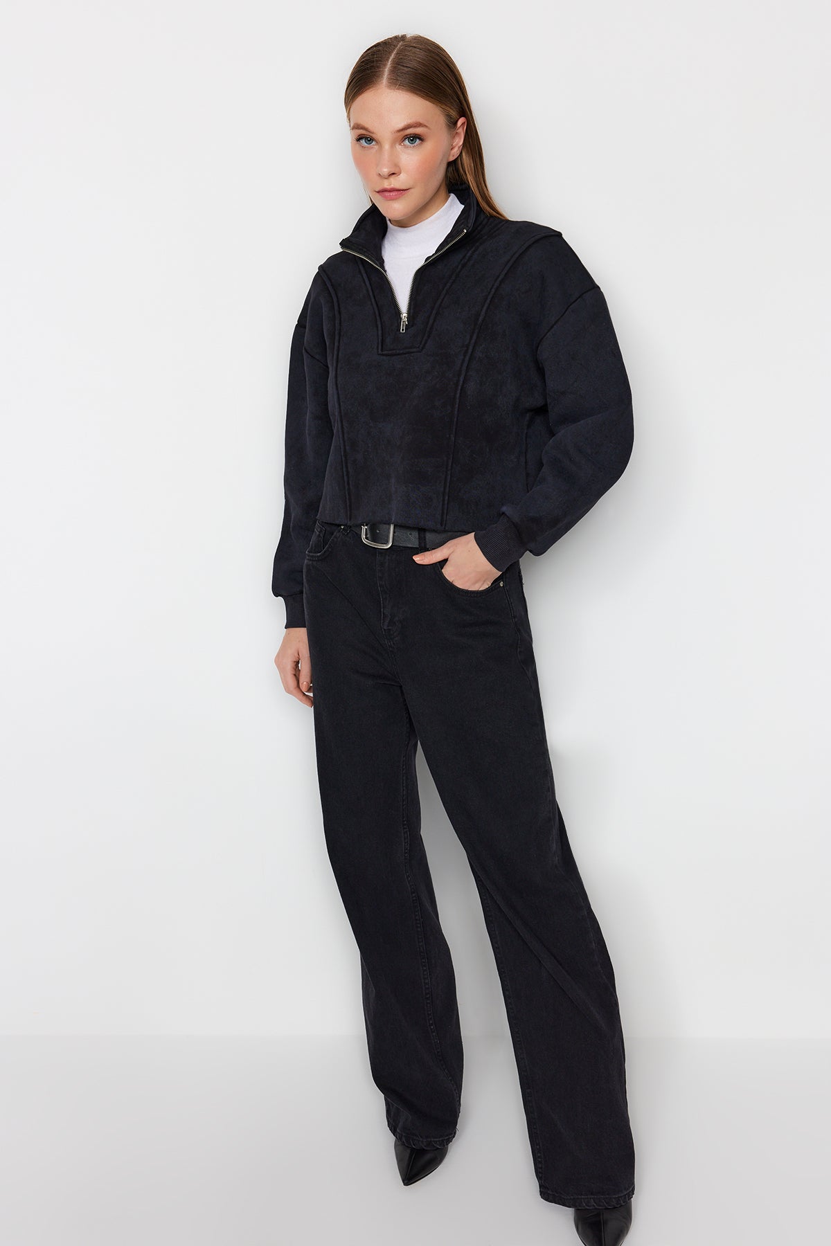 Antrasit Eskitme/Soluk Efektli Rahat Kesim Crop Kalın İçi Polarlı Örme Sweatshirt TWOAW24SW00243 Secondary image