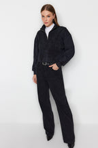 Antrasit Eskitme/Soluk Efektli Rahat Kesim Crop Kalın İçi Polarlı Örme Sweatshirt TWOAW24SW00243