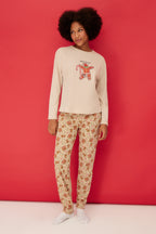 Trendyolmilla Krem %100 Pamuklu Yılbaşı Temalı Örme Pijama Takımı THMAW24PT00061