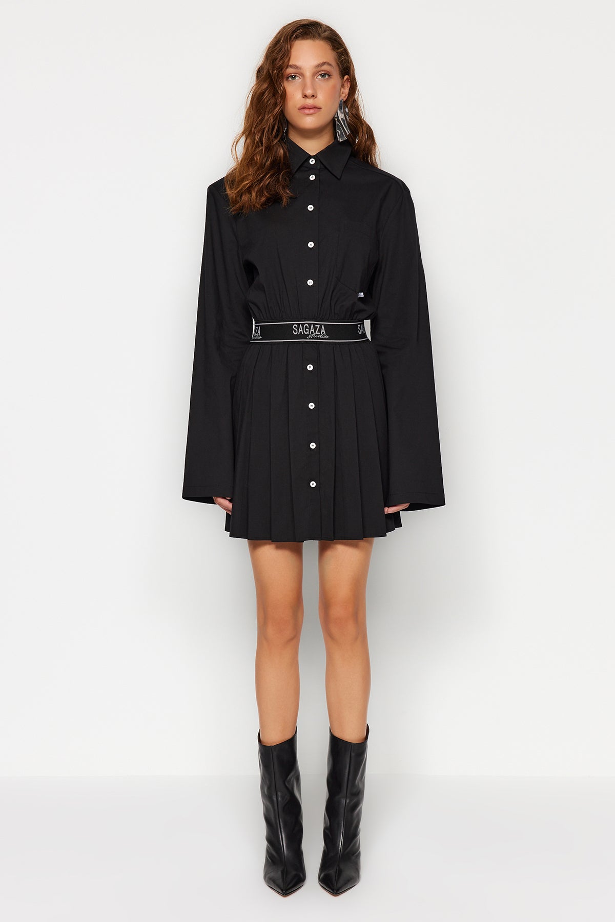 X Sagaza Studio Siyah Belden Açılan/Skater Beli Lastikli Piliseli Poplin Elbise TCLAW24EL00000 Secondary image